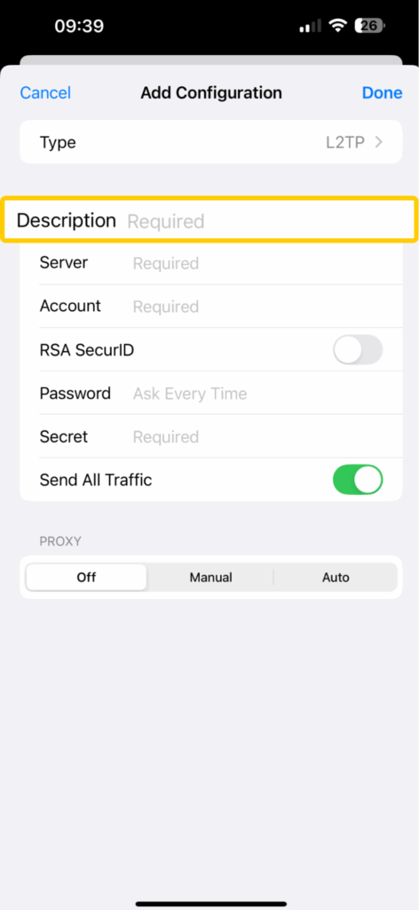 Naming a new VPN connection on iOS.