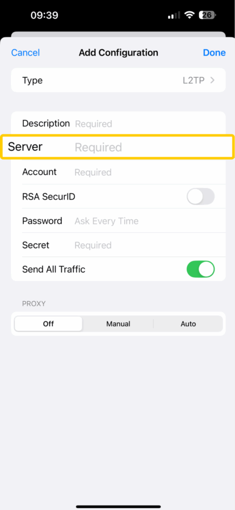 Adding a VPN server name on iOS.
