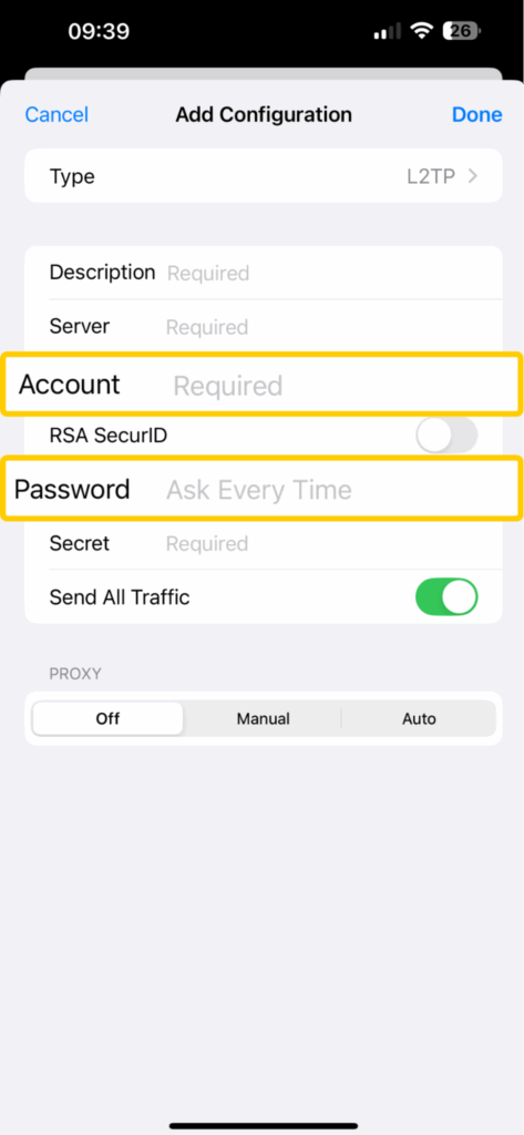 Adding a username and password while creating a VPN connection on an iPhone.