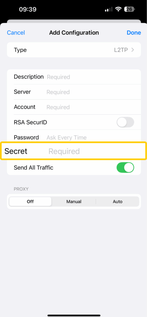 Adding a secret key while creating an L2TP connection on iOS.