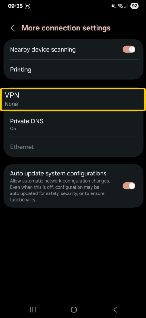 Navigating to the VPN-related settings screen on Android.