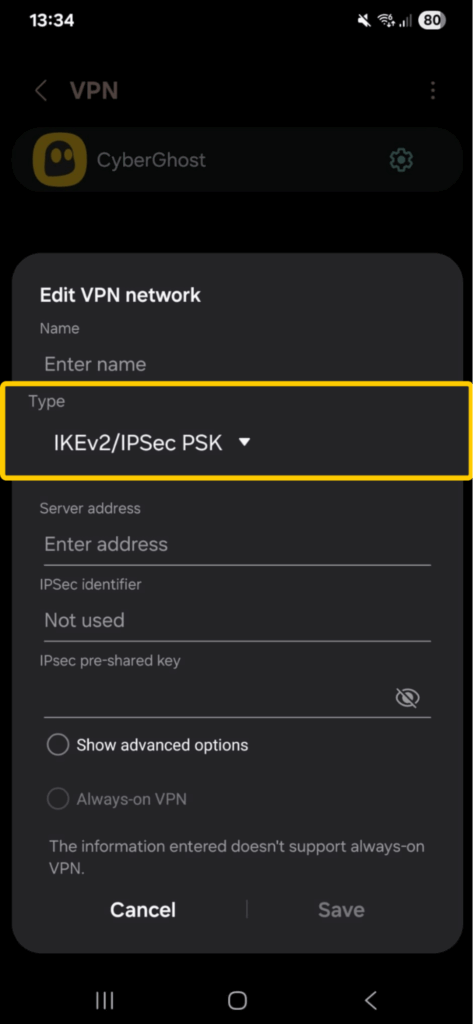 Choosing a VPN connection type while creating a new connection on Android.