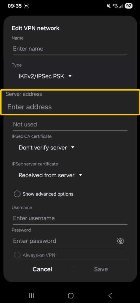 Adding a VPN server address on Android.