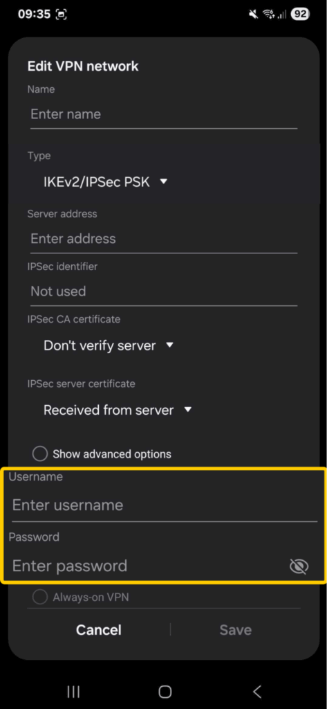 Adding user credentials for a new VPN connection on Android.