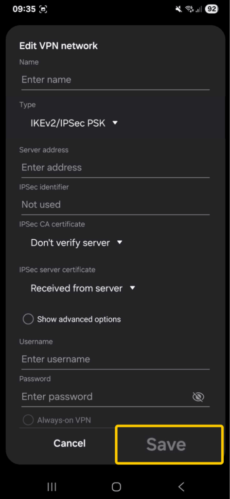 Saving the details of a new VPN connection on Android.
