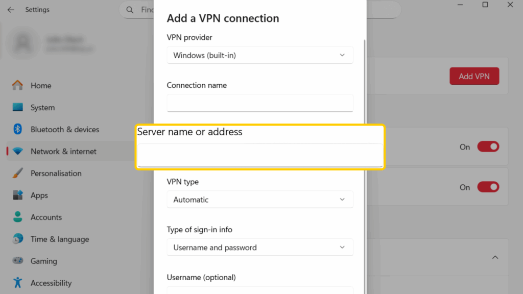 Adding a new VPN connection on Windows, with a highlight box showing the server name or address field.