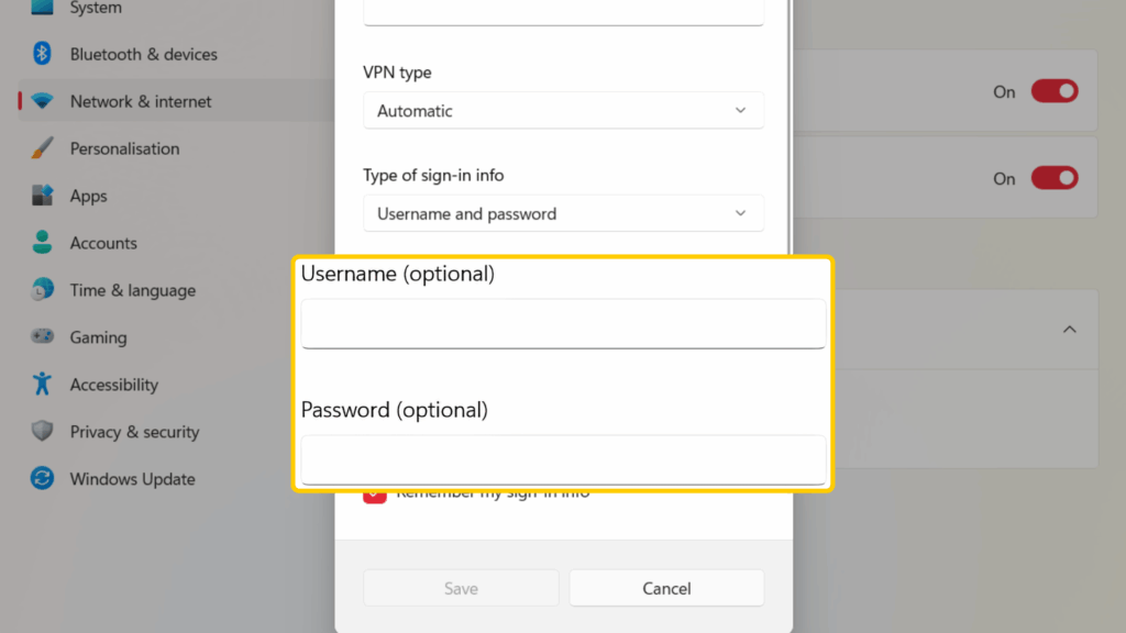 Adding a new VPN connection on Windows, with a highlight box showing the Username and Password fields.