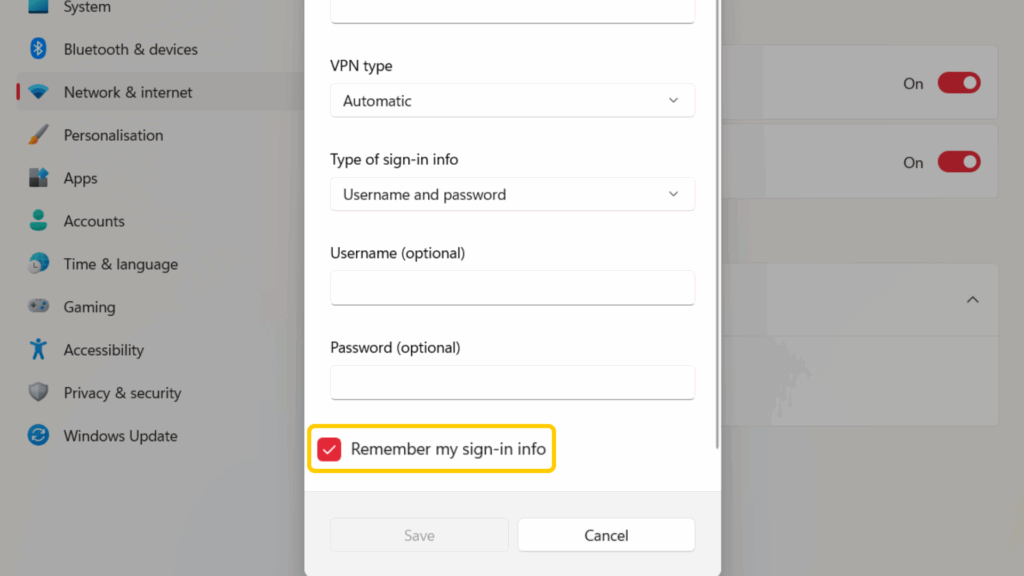 Adding a new VPN connection on Windows, highlighting how to save sign-in information.