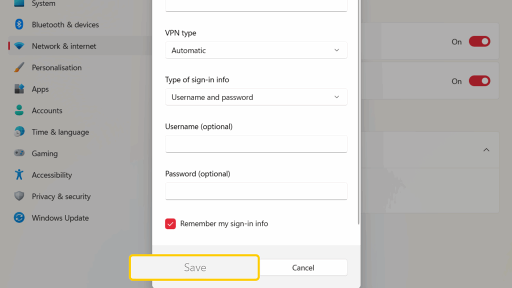 Saving a new VPN connection on Windows