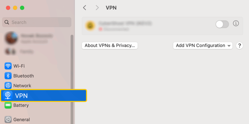 The VPN settings screen on macOS.