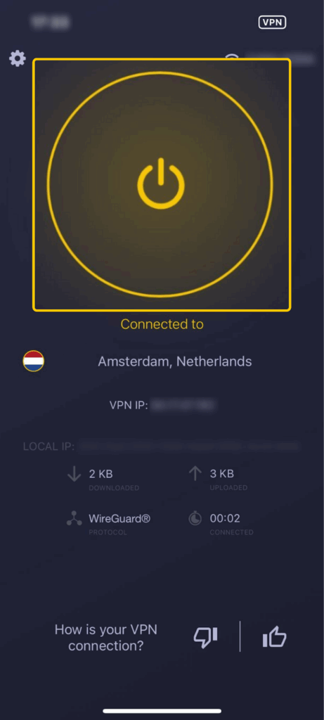 Captura de la pantalla principal de conexión en la app para iPhone de CyberGhost VPN, con la VPN conectada.