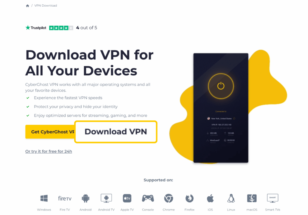 A screenshot of CyberGhost VPN's download page, with the "Download VPN" button enlarged and highlighted.