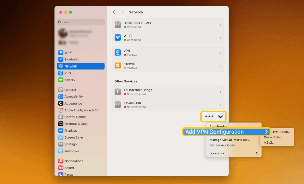 A screenshot of the "Network" page on a macOS, with the Action pop-up menu and the "Add VPN Configuration" option enlarged and highlighted.