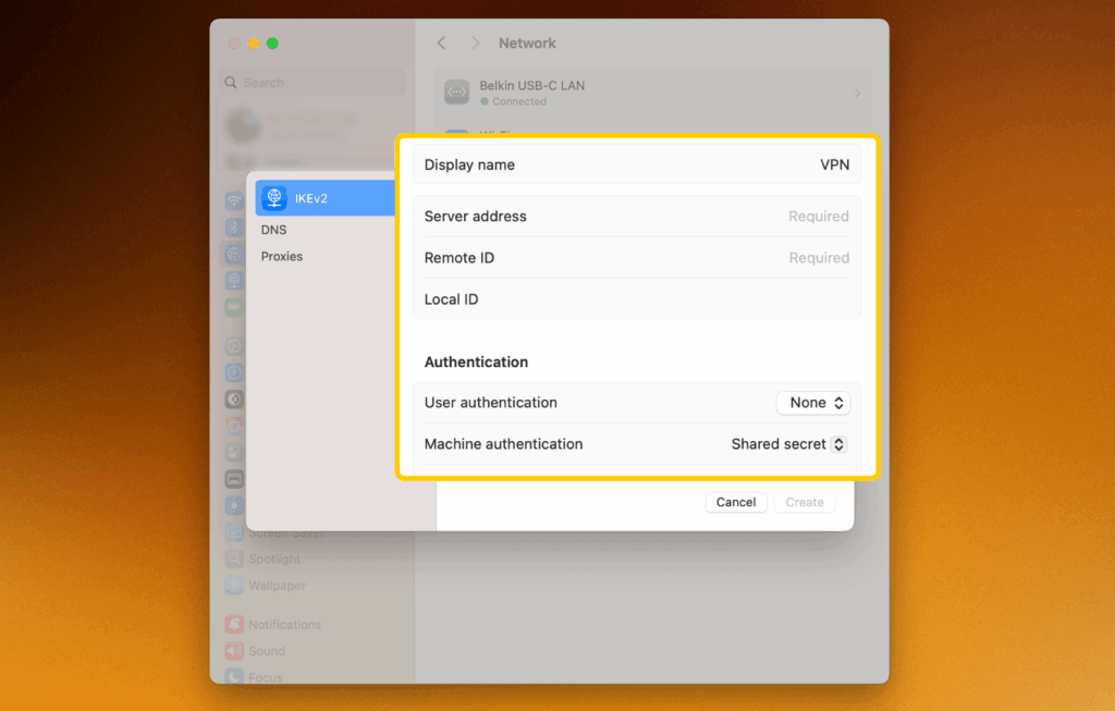A screenshot of the "VPN Configuration" page on a macOS, with the different VPN fields highlighted.
