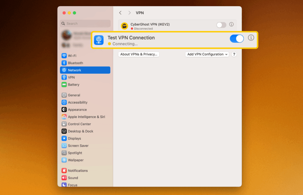 A screenshot of the "VPN" page on a macOS, with the "Test VPN Connection" toggled to the on position and enlarged and highlighted.