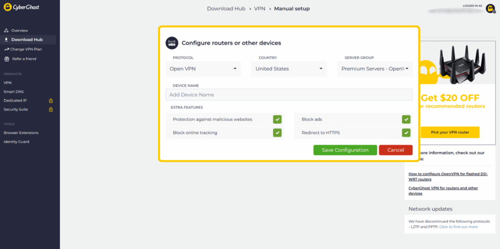 Screenshot showing the "Download Hub" page in a CyberGhost VPN account dashboard, highlighting the VPN server configuration download tab.