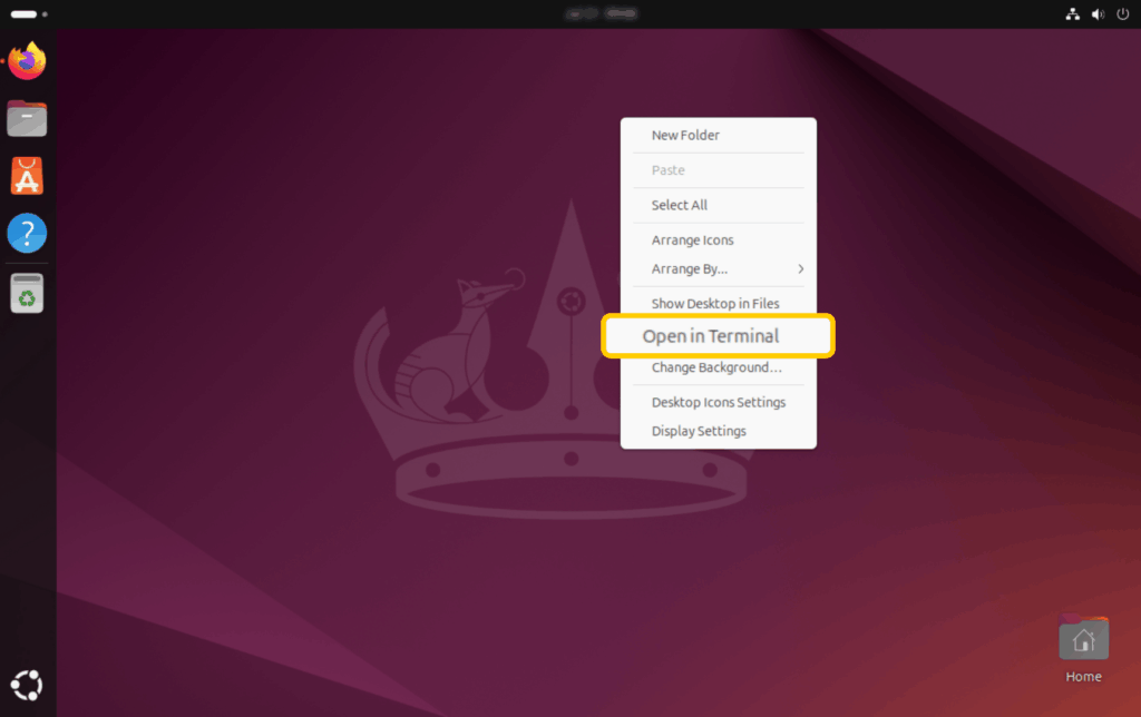 Screenshot showing the desktop on Linux, with the "Open in Terminal" option highlighted.