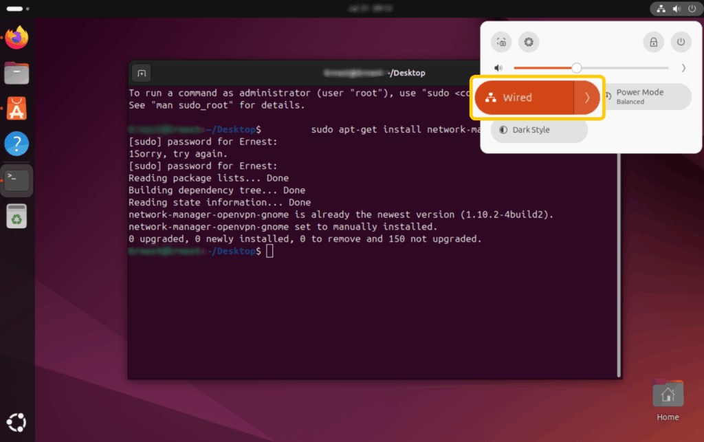 Screenshot showing a Terminal window on Linux alongside the system menu, highlighting the "Wired" connection option.