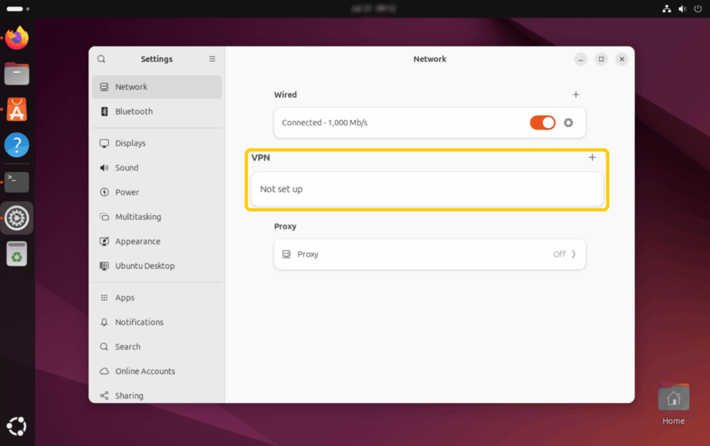 Screenshot showing the "Network" settings page on Linux, highlighting the "VPN" tab.