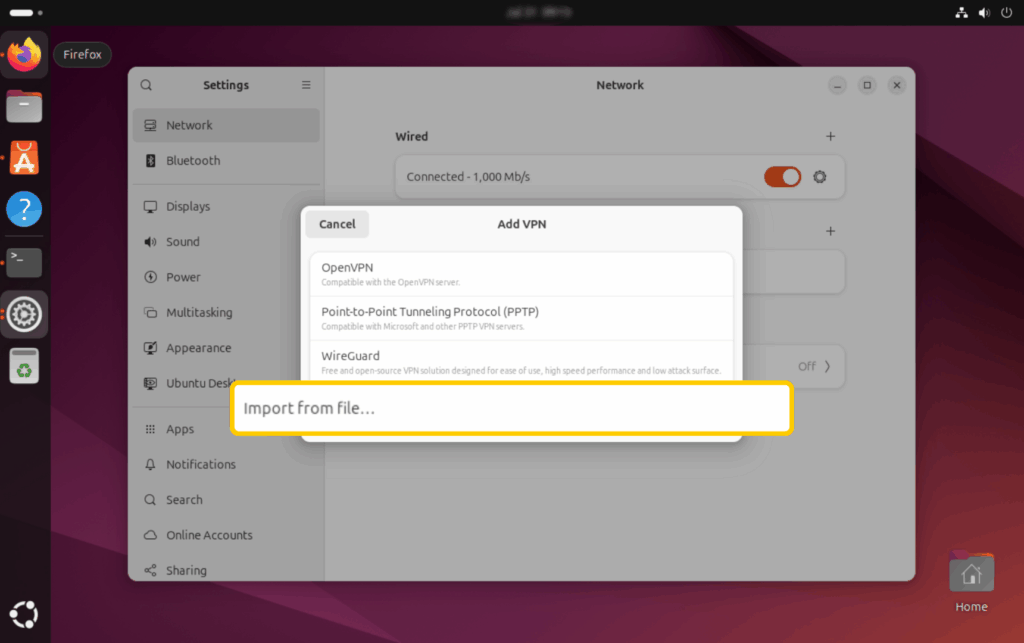 Screenshot showing the "Add VPN" window on the Linux "Network" settings page, highlighting the "Import from file..." option.