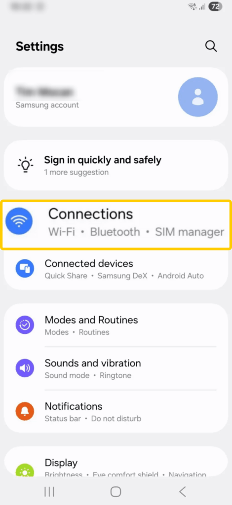 A screenshot of the "Settings" app on Android, with the "Connections" tab highlighted.