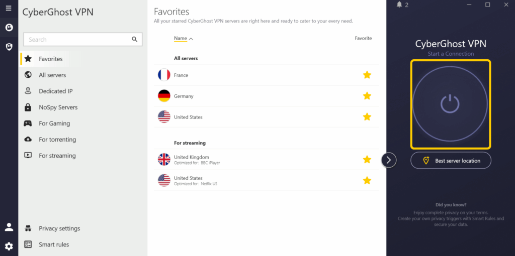 A screenshot of CyberGhost VPN's Windows app, showing the connection screen and highlighting the connect button.