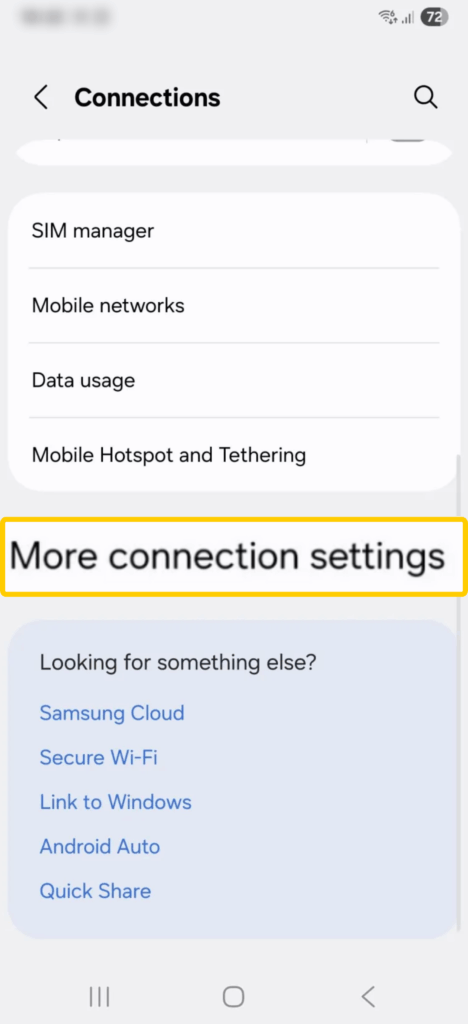 A screenshot of the "Connections" window on Android, with the "More connection settings" option highlighted.