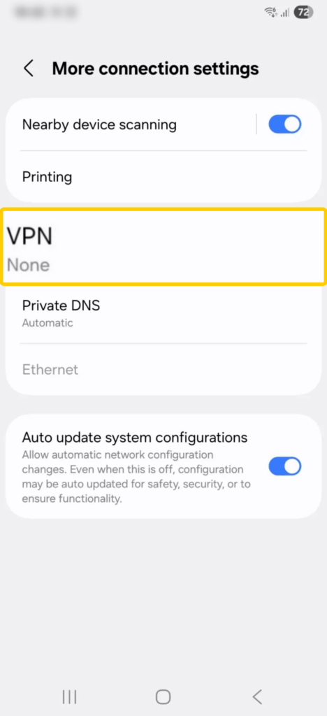 A screenshot of the "More connection settings" window on Android, with the "VPN" option highlighted.