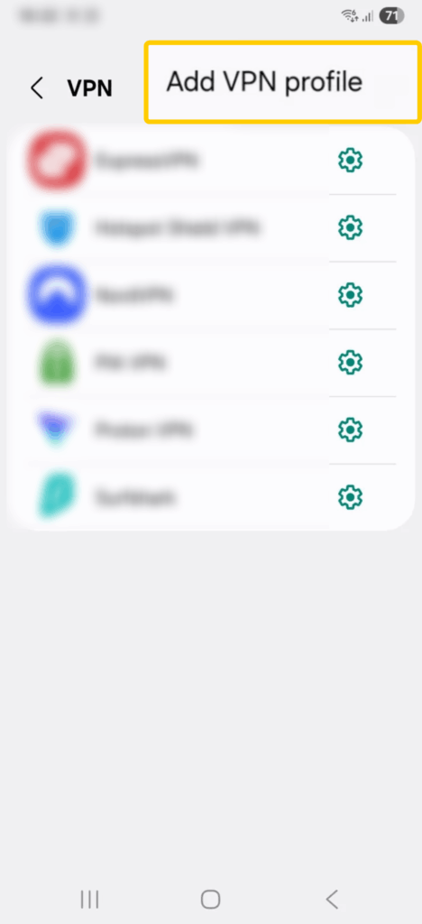 A screenshot of the "VPN" window on Android, with the "Add VPN profile" option highlighted.