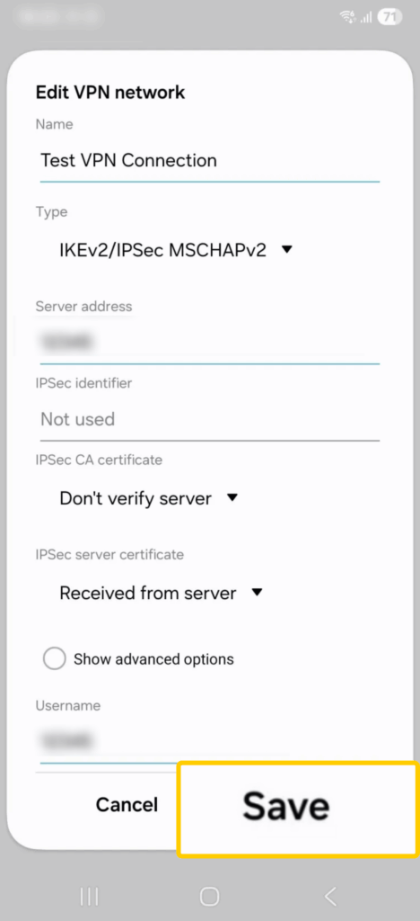 A screenshot of the VPN connection customization window on Android, with the "Save" button highlighted.