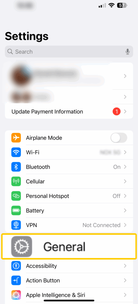 A screenshot of the Settings app on iOS, with the "General" tab highlighted.