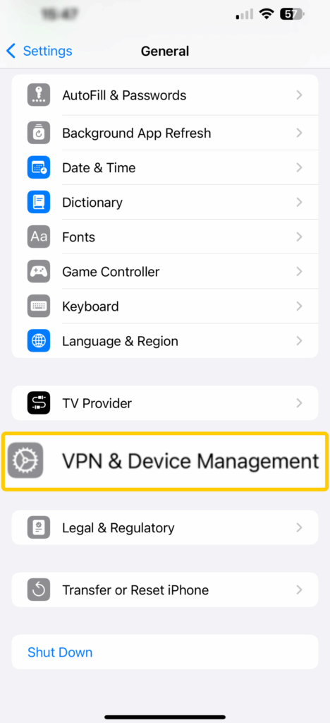 A screenshot of the "General" page on iOS, with the "VPN & Device Management" option highlighted.