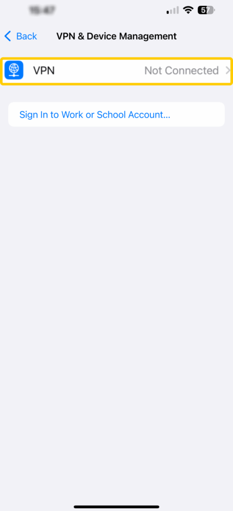 A screenshot of the "VPN & Device Management" page on iOS, with the "VPN" option highlighted.