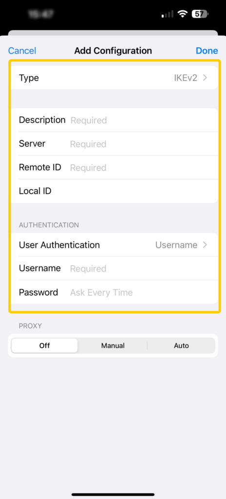 A screenshot of the "Add VPN Configuration" page on iOS.
