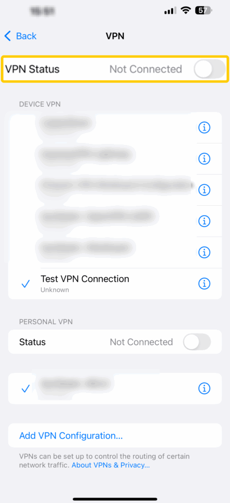 A screenshot of the "VPN" page on iOS, with the "VPN Status" toggle switch highlighted.
