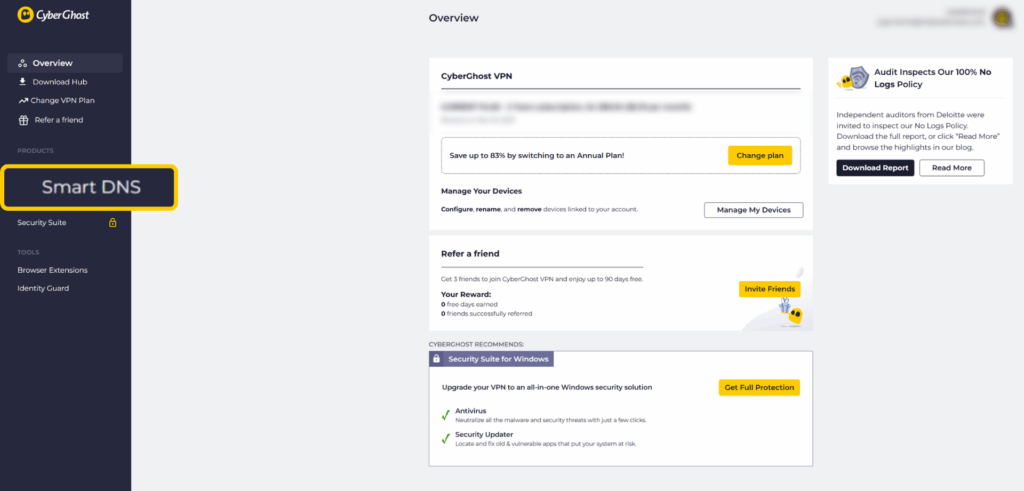 A screenshot of the CyberGhost VPN account dashboard page, with the "Smart DNS" option on the left enlarged and highlighted.