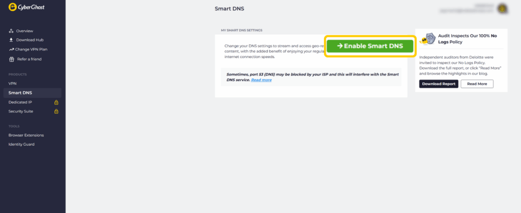 A screenshot of the "Smart DNS" page on the CyberGhost VPN account dashboard, with the "Enable Smart DNS" button enlarged and highlighted.