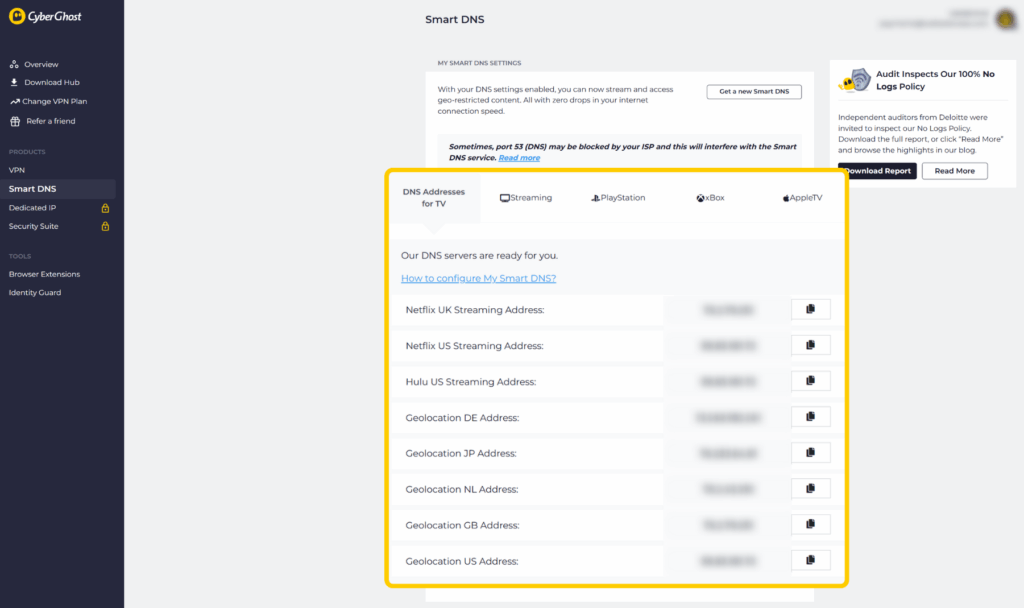 A screenshot of the "Smart DNS" page on the CyberGhost VPN account dashboard, with the list of DNS server addresses highlighted.