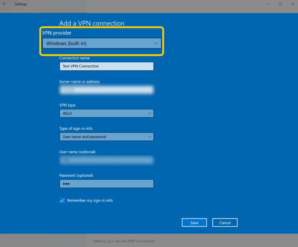 A screenshot of the VPN connection customization page on Windows 10, with the "VPN provider" tab enlarged and highlighted.