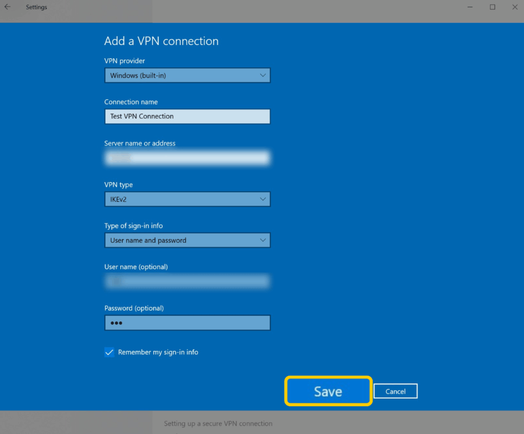 A screenshot of the VPN connection customization page on Windows 10, with the "Save" button highlighted.