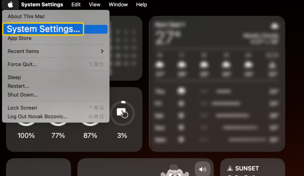 A screenshot of the Apple menu on macOS, with the "System Settings" option highlighted.