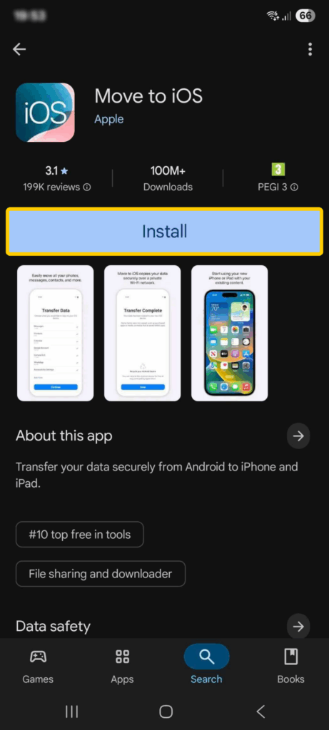 Screenshot of the Move to iOS app on the Google Play Store, with the "Install" button enlarged and highlighted.