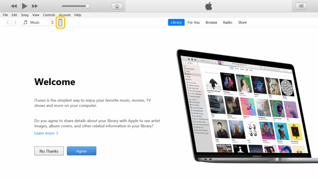 Screenshot of the iTunes app on Windows. The iPhone button in the top left is enlarged and highlighted.
