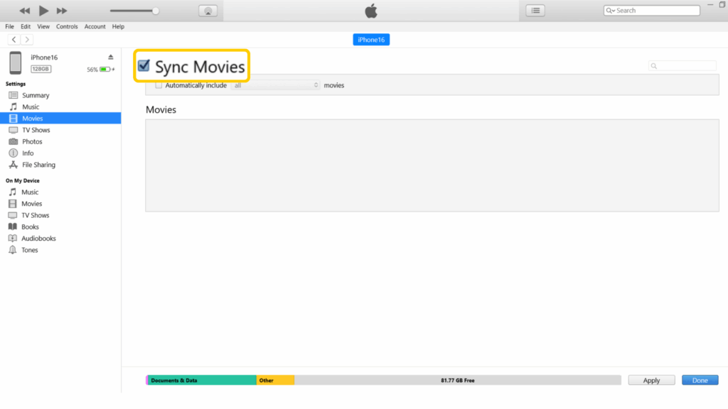 Screenshot of the iTunes app on Windows, showing the "Movies" tab.