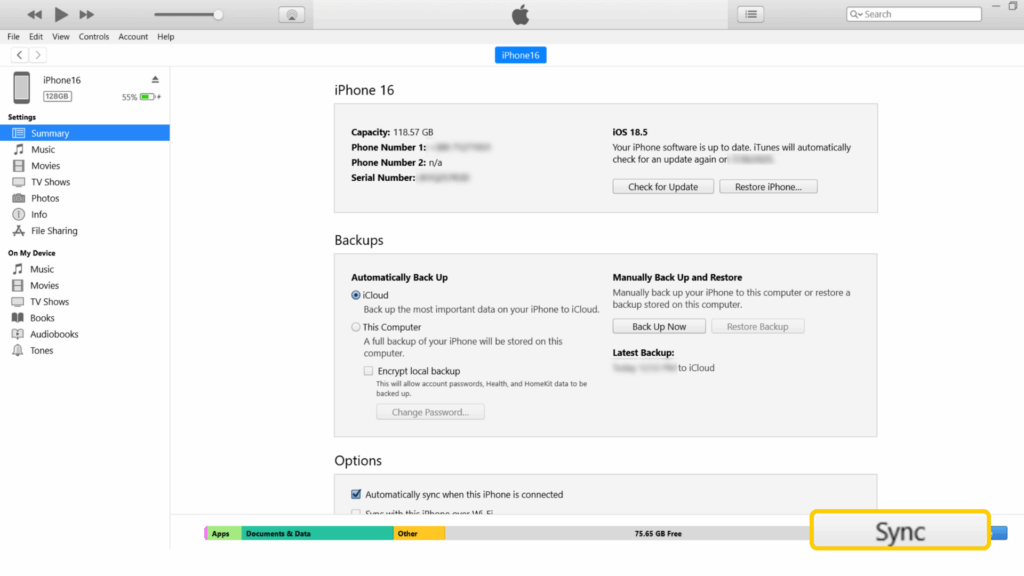 Screenshot of the "Summary" tab on the iTunes app on Windows. The "Sync" button in the bottom right is enlarged and highlighted.