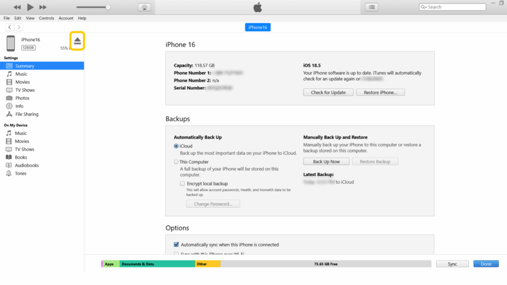 Screenshot of the "Summary" tab on the iTunes app on Windows. The iPhone eject button in the top left is enlarged and highlighted.