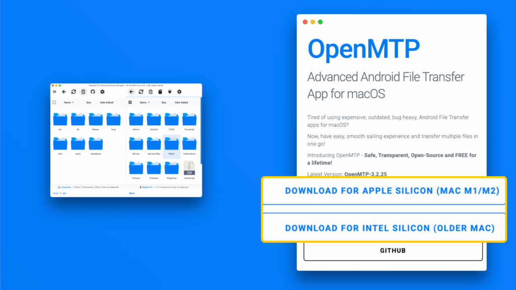 Screenshot of the OpenMTP download page. The "Download for Apple Silicon (Mac M1/M2)" and "Download for Intel Silicon (Older Mac)" buttons are enlarged and highlighted.