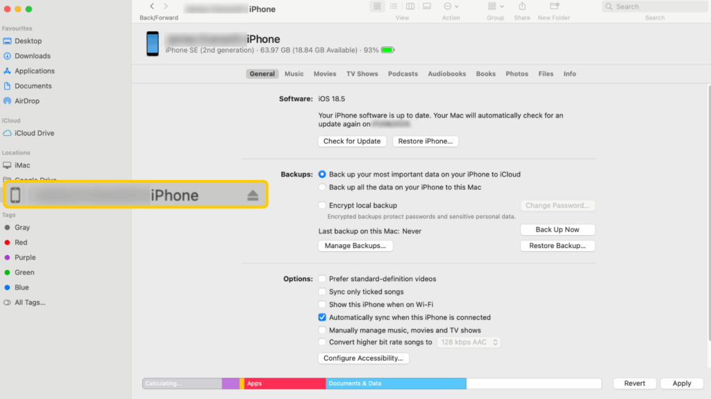 Screenshot of the Finder app on macOS. The iPhone tab is highlighted and enlarged.