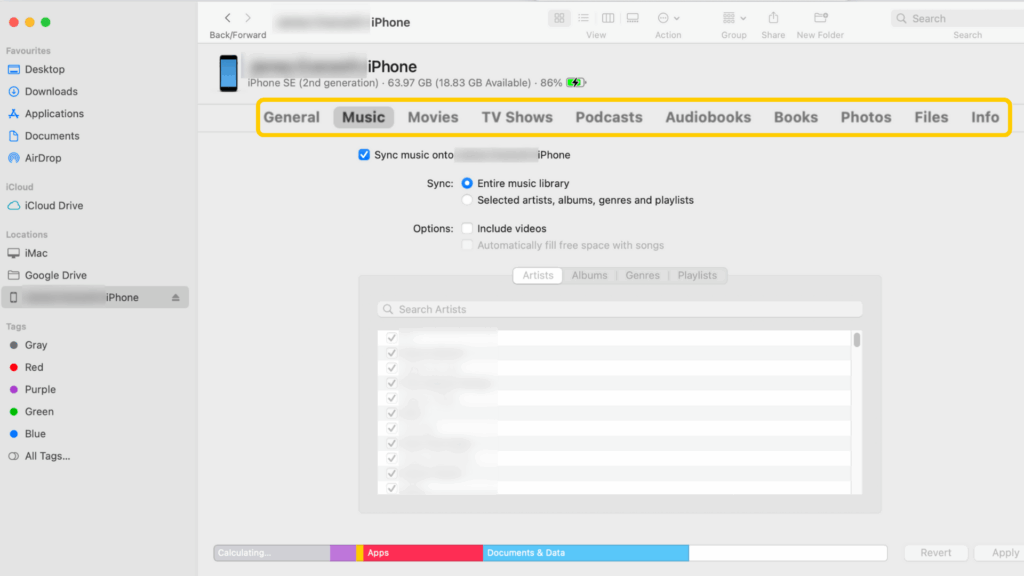 Screenshot of the iPhone page on the Finder app on macOS.