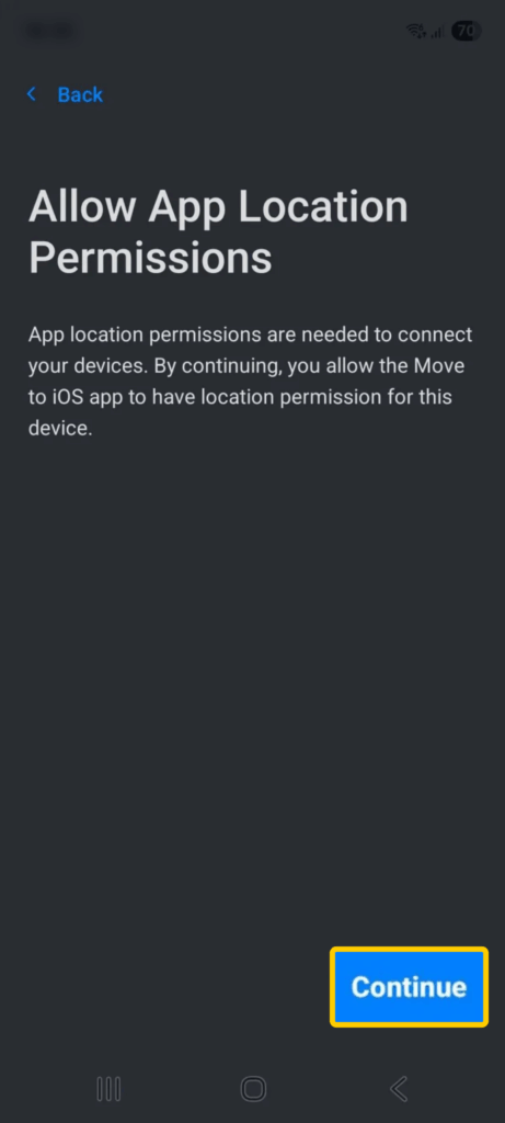 Screenshot of the app location permission screen on the Move to iOS app on Android.